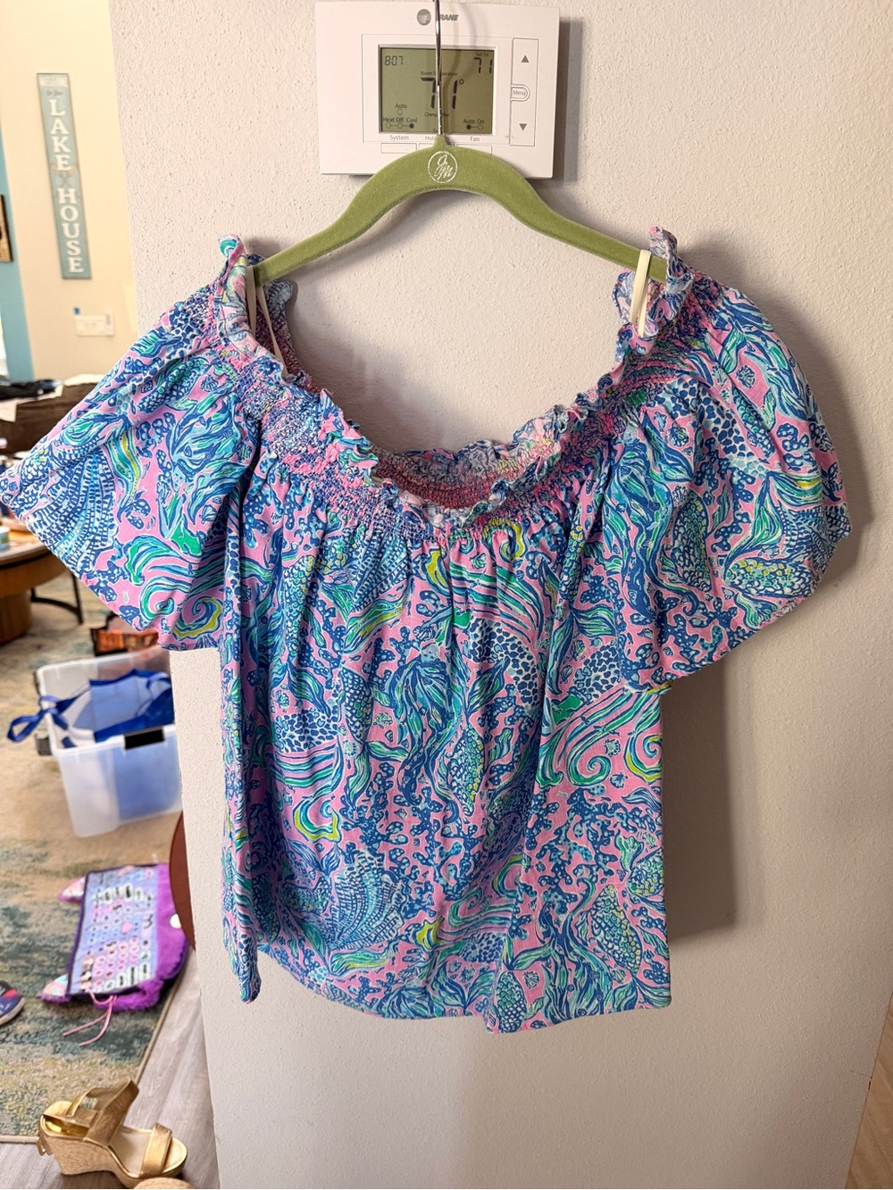 Lilly Pulitzer Pink, Blue & Green Off-Shoulder Flutter Top “We Mermaid”